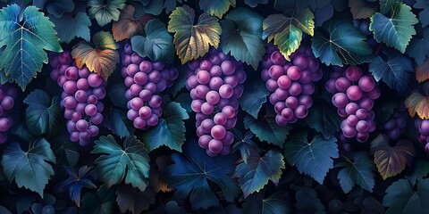 Vibrant autumn vineyard with bunches of purple grapes, set against a backdrop of colorful fall...