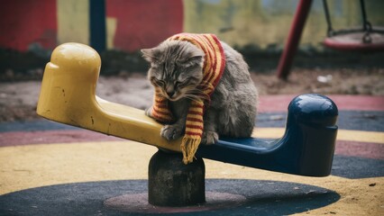 A heartbreaking scene in which an emaciated and unkempt cat cries with his head on a swing. The sad eyes of a cat convey a feeling of abandonment and loneliness.