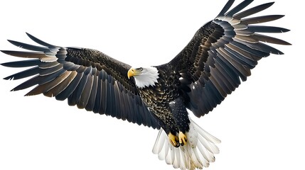 Naklejka premium A bald eagle soars through the sky with its wings outstretched.