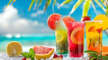 Fototapeta premium Refreshing summer drinks on the beach with blue ocean and palm trees.