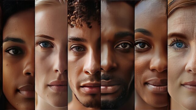Diverse collage  human faces portrayed in various ages, genders, and ethnicities