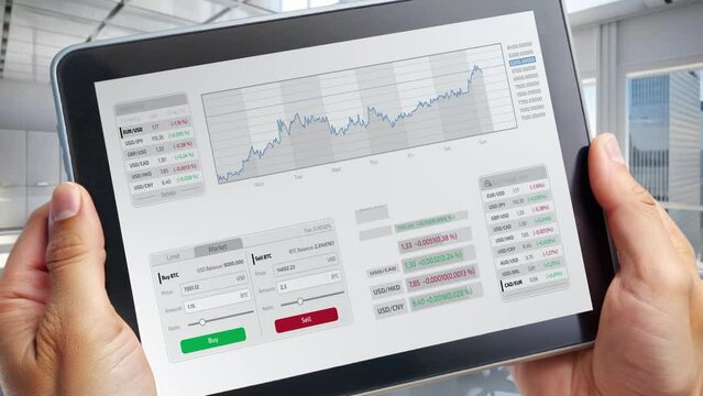 Stock infographics on a tablet in the hands of an investor.