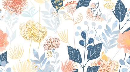 The image is a floral pattern with pink, blue, and yellow flowers and leaves on a white background.