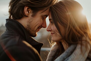 A back view of a couple in an intimate embrace, with a scenic city backdrop during twilight, conveying romance and affection