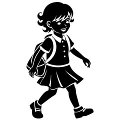 a high-resolution vector silhouette of a realistic school child resembling a human, wearing a school dress outfit and carrying a school bag