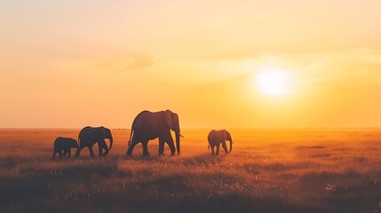 Fototapeta premium The majestic African elephant family walking in the golden sunset.