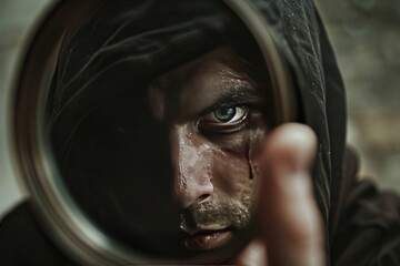 Moody atmospheric image of a person in dark clothing holding a circular mirror reflecting nature
