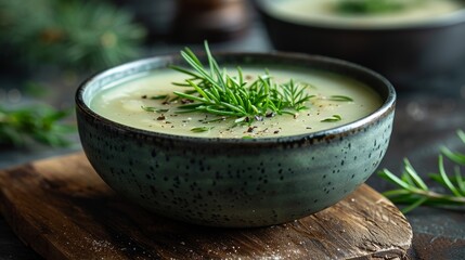 food styling, a bowl of soup presented in a minimalist way on a modern tabletop, creating an elegant and versatile setting for any occasion