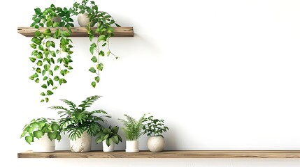 The photo shows a white wall with a wooden shelf on it. On the shelf are four potted plants, two hanging plants, and two sitting plants. The plants are all green and leafy.