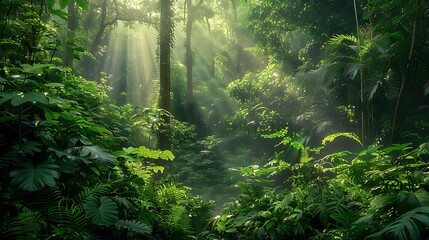The photo shows the green jungle with bright sun rays shining through the tall trees.