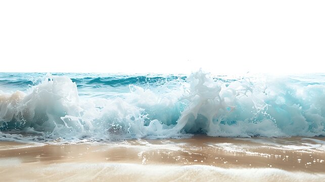 The photo shows the closeup of the rough sea with big waves breaking on the sandy beach.