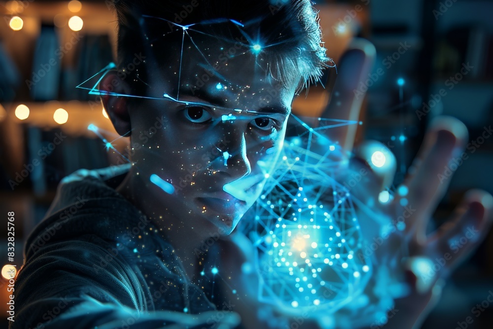 Leinwandbilder a person interact with a digital holographic interface with bright blue connections and data streams