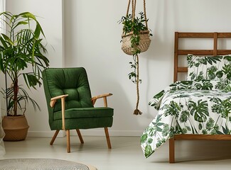 Green chair standing near the bed with a white and green floral duvet cover