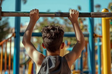 Fototapeta premium A focused child is seen from behind holding a pull-up bar on a colorful playground, showcasing determination and playground equipment