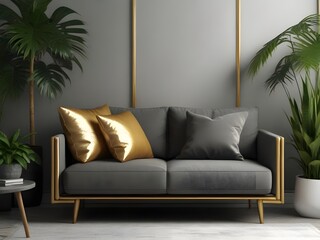 Urban jungle style living room with gray sofa, golden lamp and palms, classic style, luxurious, 3D Render