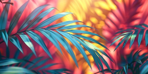 Vivid tropical scene with palm leaves and a colorful, blurred background.