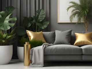 Urban jungle style living room with gray sofa, golden lamp and palms, classic style, luxurious, 3D Render