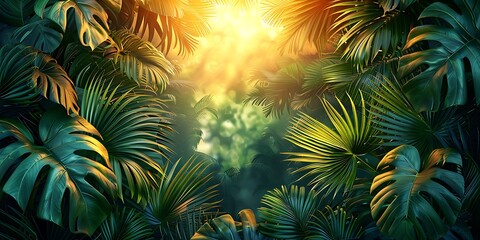 A serene tropical jungle scene with sunlight filtering through the lush green foliage, creating a peaceful and vibrant atmosphere.