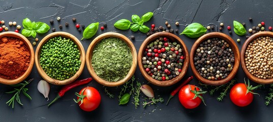 Assorted gourmet spices and seasonings presented in wooden bowls on elegant dark background