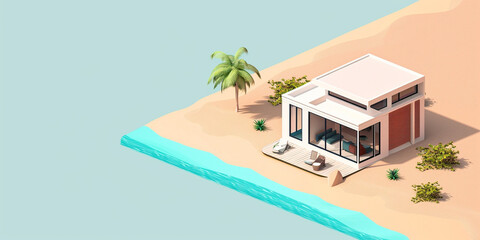 Fototapeta premium Isometric art of a minimalistic beach house with simple shapes