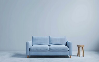 Light blue sofa and side table against empty wall in a living room interior mockup