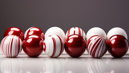Red and white christmas baubles on black reflective background.