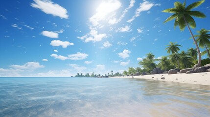 Tranquil Tropical Beach with Clear Waters and Palm Trees Under a Bright Blue Sky