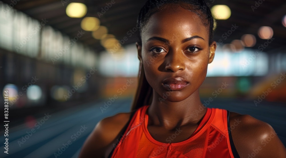 Poster Sportswoman or athlete. Background with selective focus and copy space