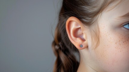 Fototapeta premium Girl with Hearing Difficulty Close up of Ear on Grey Background