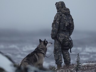 A man in camouflage stands next to a dog on a snowy hill. The man is holding a leash and the dog is looking up at him. The scene is peaceful and serene