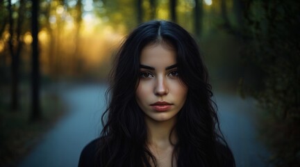 Naklejka premium Young brunette girl with long dark hair, model appearance. Blurred background. Looking into the camera. Poster, banner, background