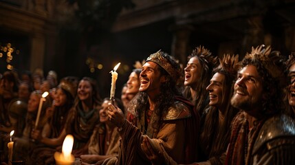 A cheerful group of people dressed in medieval attire celebrate with candles