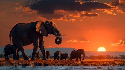Majestic Elephant Herd in Savannah Sunset