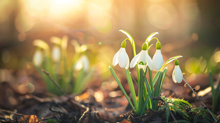 The close-up view of white bell-shaped flowers emerging from the ground, likely snowdrops, evokes a sense of early spring