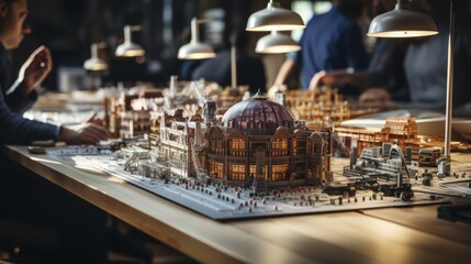 A detailed architectural scaled model displayed on a table with focused lighting in a design studio