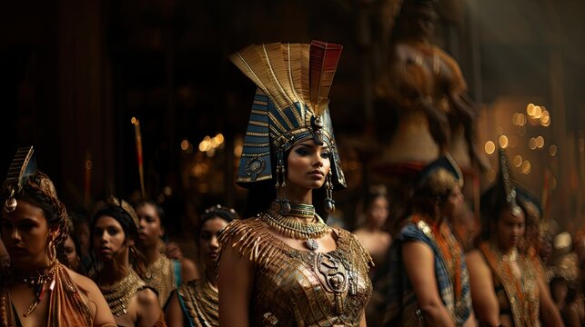 An ancient Egyptian queen, adorned in exquisite regalia, is surrounded by her loyal handmaidens in a grand setting