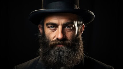 A classic portrait of a bearded man wearing a top hat with a dark mystic background