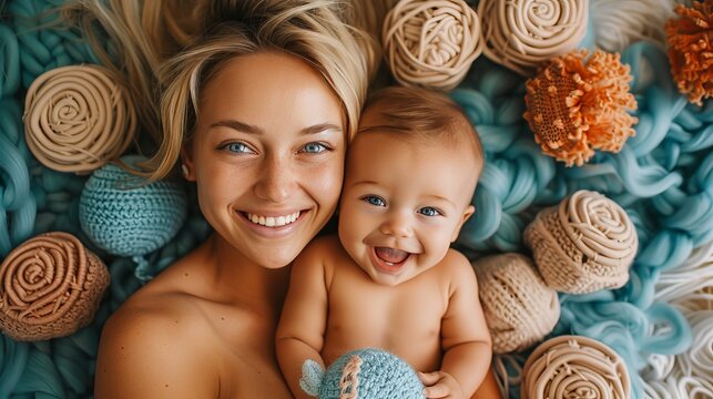 Joyful bonding  young mother giggling with three month old baby on bed with plush toys and blankets