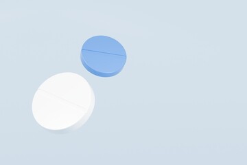 3d White pill or white drug icon isolated on blue background. Emergency, Safety, equipment medic health medicine and drugs concept. 3d minimal White capsules icon for web, Pills. Health. 3d render.