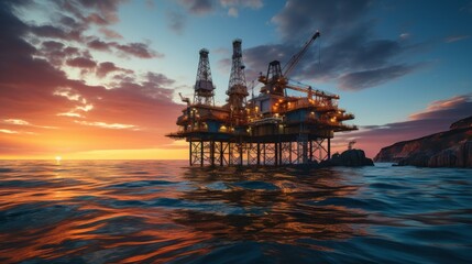 Obraz premium An impressive offshore oil drilling rig illuminated by the setting sun against a beautiful sky
