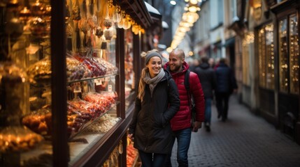 Smiling couple walking together in an evening market setting, with festive lights and shop displays