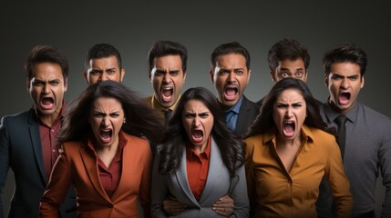 Fototapeta premium A dramatic display of collective outrage, featuring men and women in stern business attire showcasing intense emotions