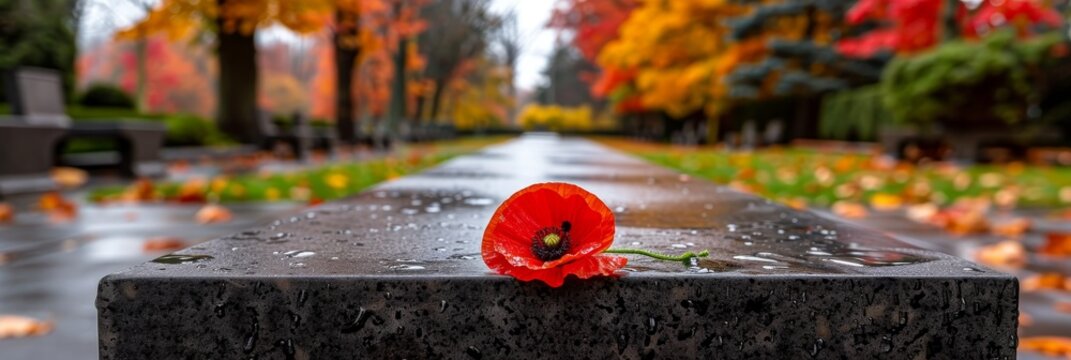 Close up tribute of red poppy on somber war memorial, honoring the brave fallen heroes