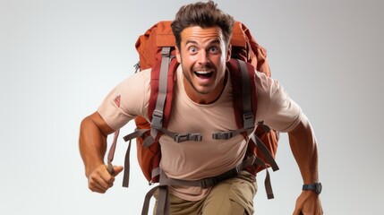 Obraz premium An overly excited hiker with a large backpack displaying an expression of thrill and adventure - possibly comical
