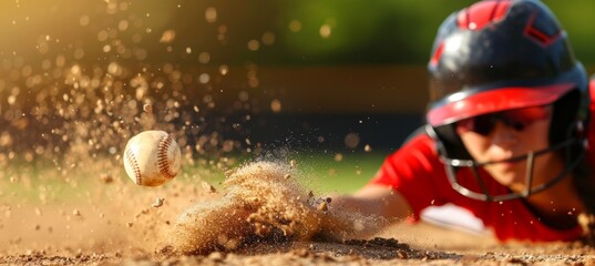 Naklejka premium Intense collision as softball players clash at base in a close play, capturing sport s vigor