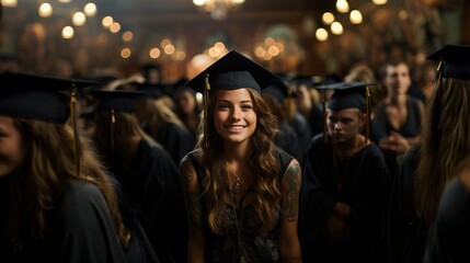 Obraz premium A tattooed graduate with a sincere smile at her graduation amidst a crowd of peers