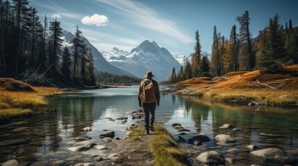 The image captures a serene outdoor scene with an individual gazing at majestic mountains and a clear river surrounded by autumn foliage