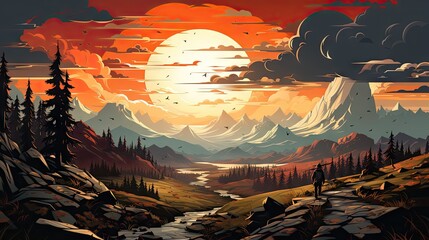 A stunning illustration featuring a vivid sunset with clouds above a serene mountainous landscape and a flowing river