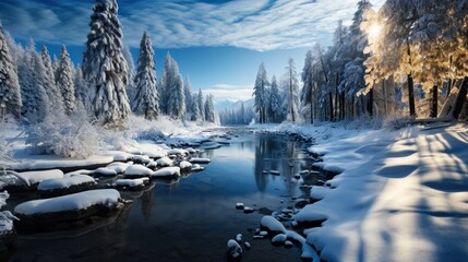 Snow-covered trees and a river flowing through a winter landscape under a clear blue sky with the sun casting a soft light - Powered by Adobe