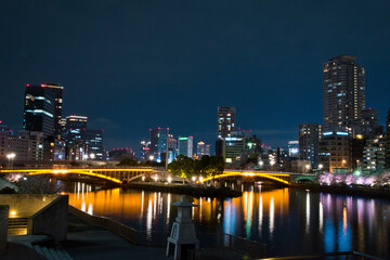 Cityscape at night with illuminated bridge